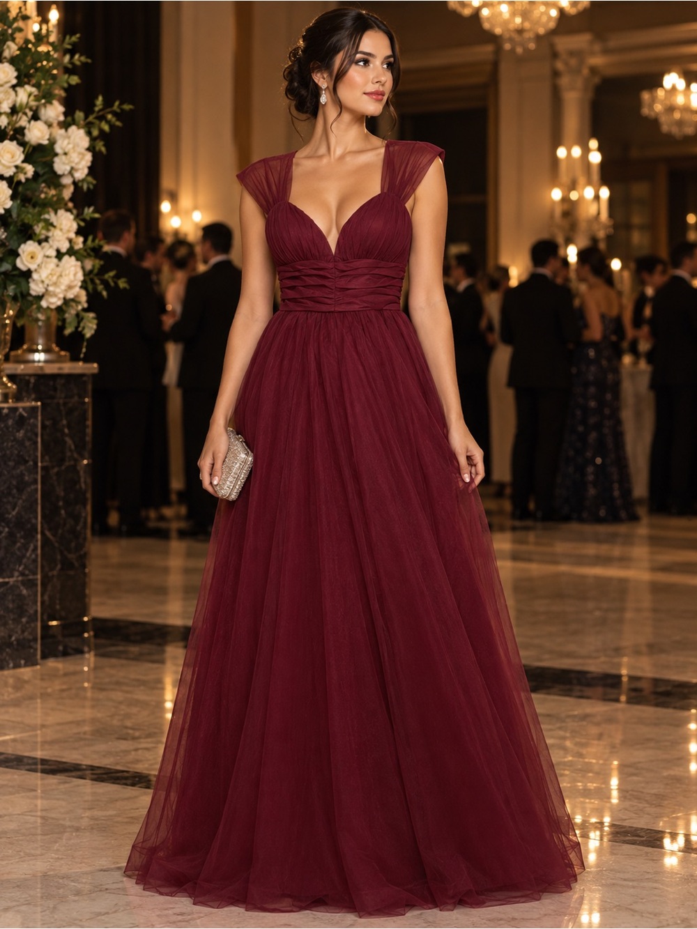 Ruched Tulle Maxi Dress in Burgundy NWT